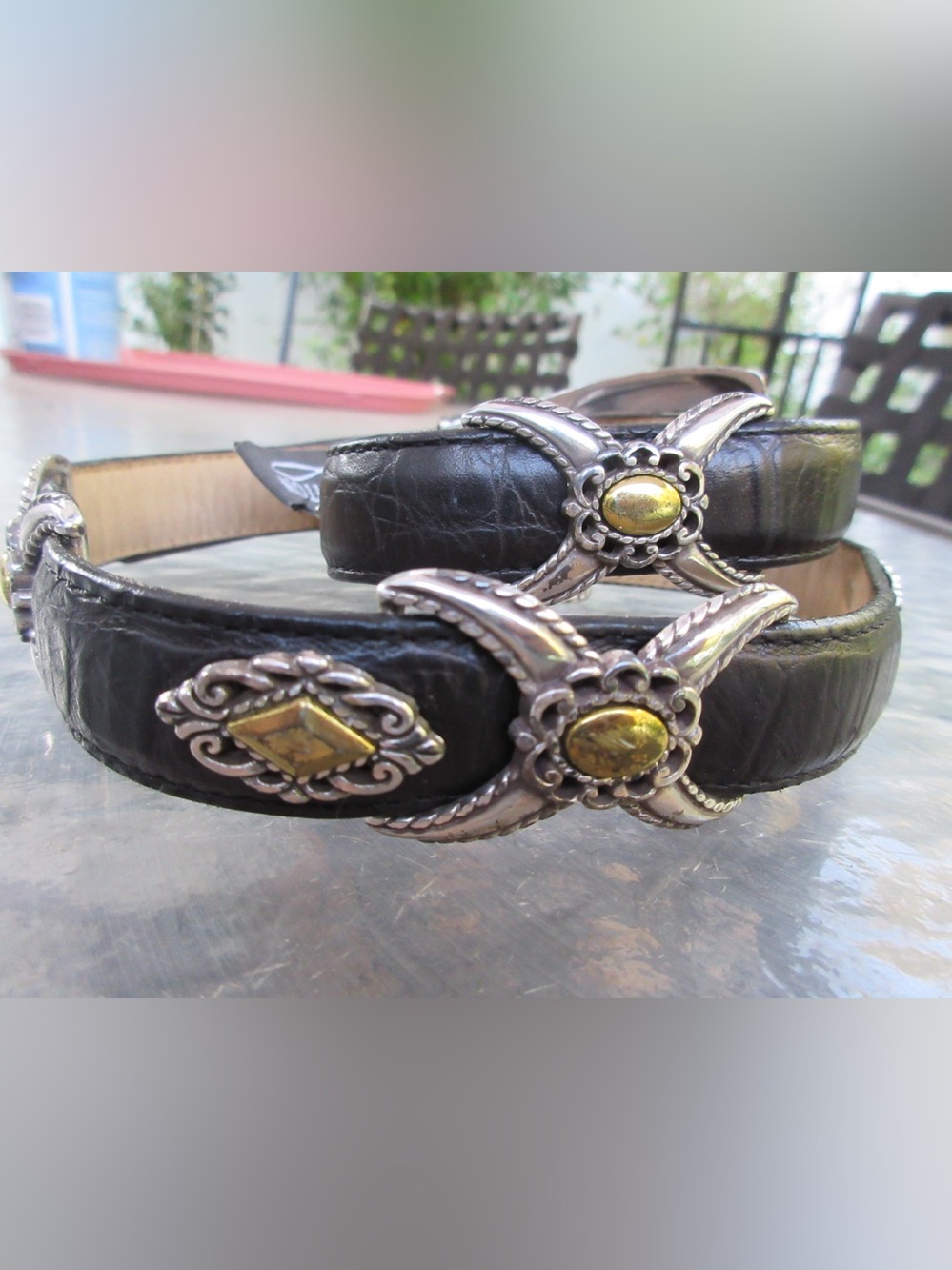 Brighton Black Leather Belt with Silver & Gold-tone Conchos 26”